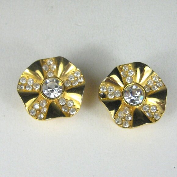 Vintage Givenchy Gold Tone Rhinestone Clip On Earrings Round Wavy Design - Picture 1 of 9